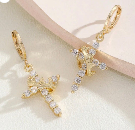 Cross crown earrings (Gold)